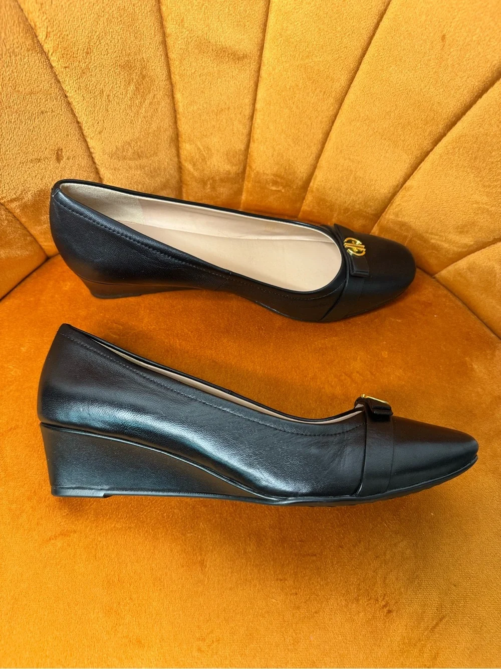 New Cole Haan Malta Bow  Black Wedge Pump with Gold Accent